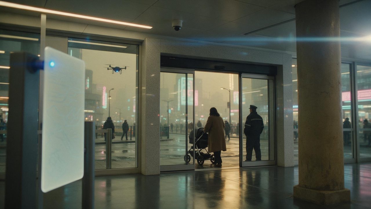 A bright store exit with a small civic placard and a pulsing blue diode; a shopper with a stroller passes beneath a camera dome.