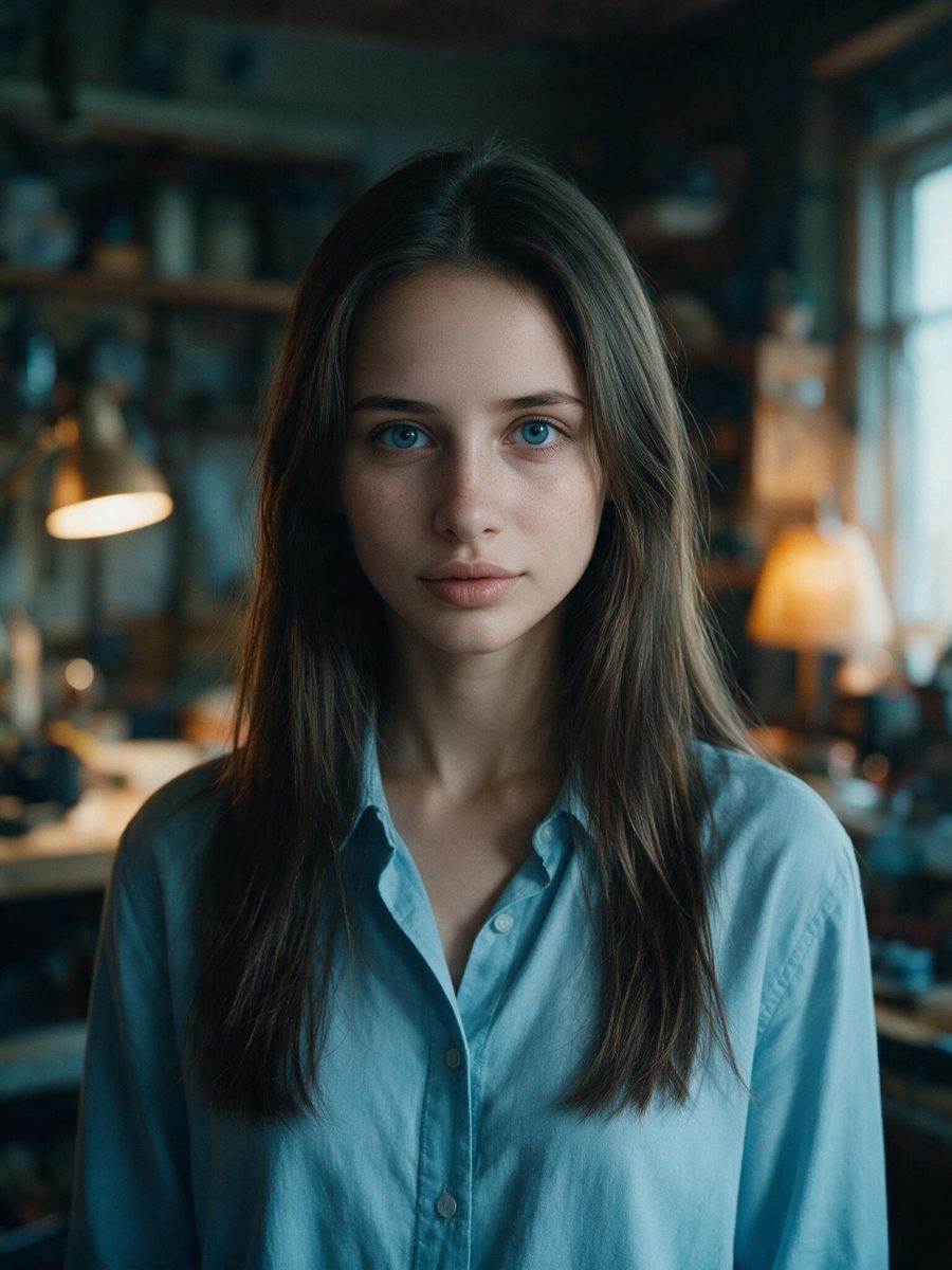 Elara, a petite young woman with mousey brown hair, freckles and bright blue eyes, looking at the camera with a curious, wry expression.