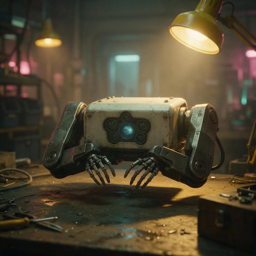 Gus, a squat micro-assembly robot with heavy folded arms and delicate eight-fingered manipulators, under a yellow lamp.