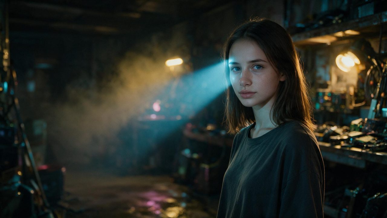 Elara, a young woman with mousey brown hair and bright blue eyes, caught in a thin sweep of blue scanning light in a dim workshop.