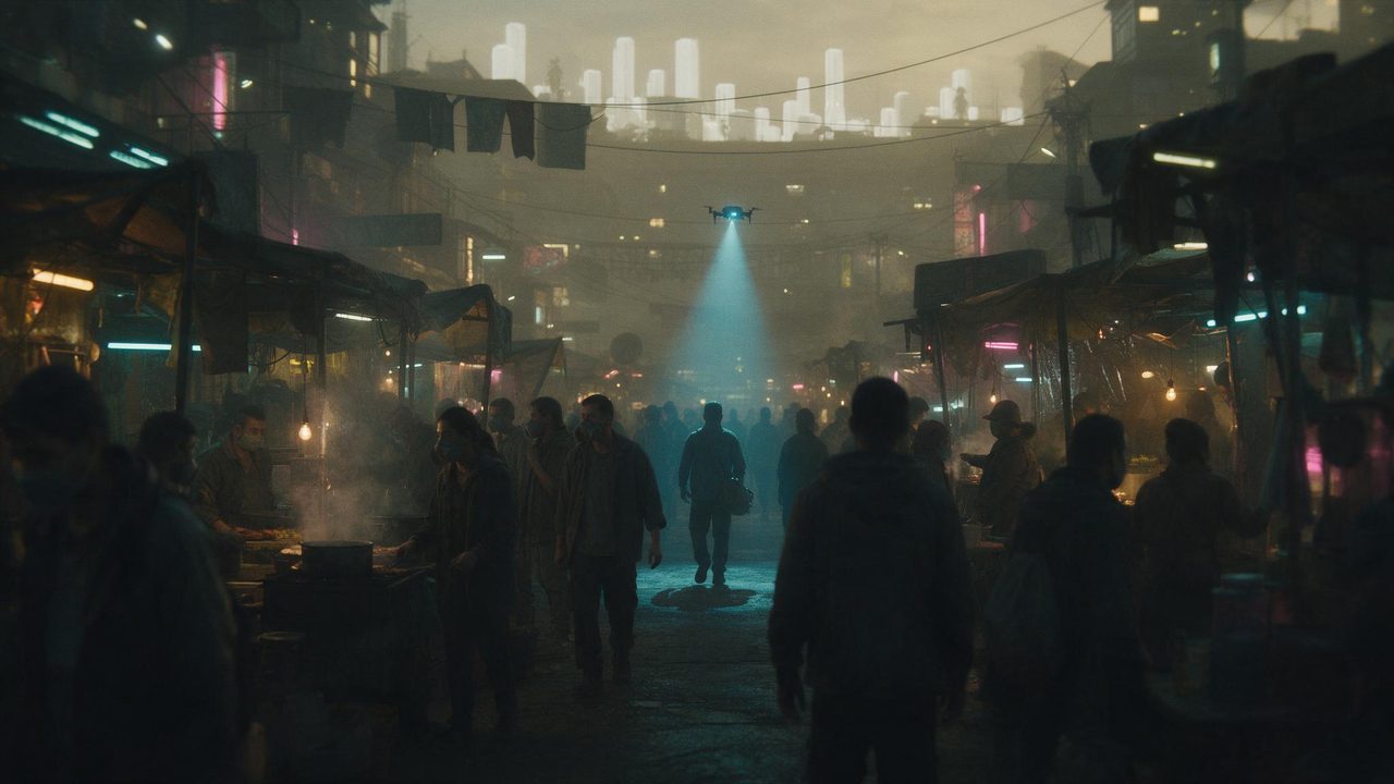 A crowded ground-level night market under neon; a man with a tool bag walks beneath a drone's blue scanning light.