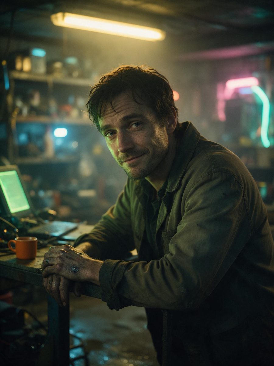 Julian Marsh, a lean dark-haired man in his late thirties, leaning on his workbench with dry, guarded humor.