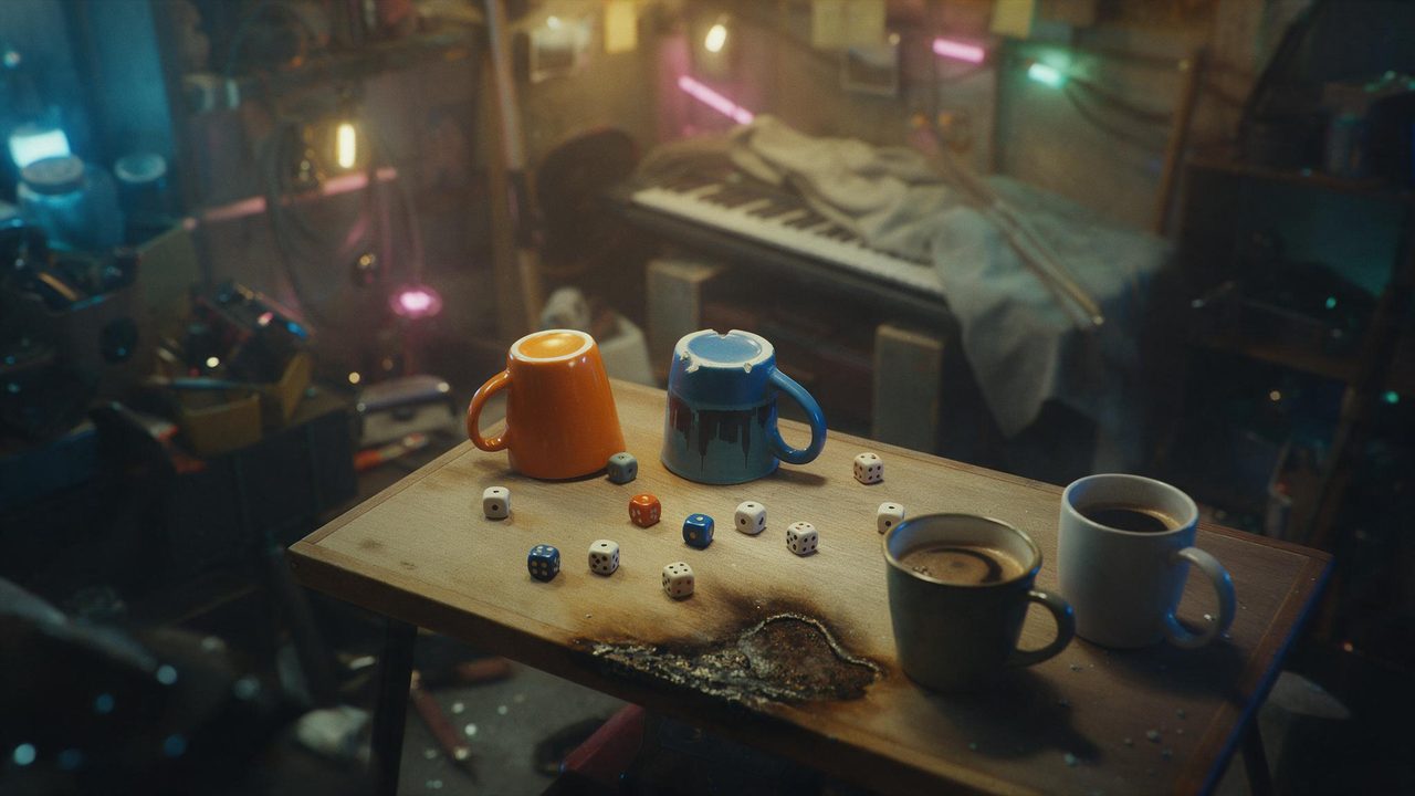 Two mugs used as dice cups and mismatched dice on a scarred table in a cozy workshop.