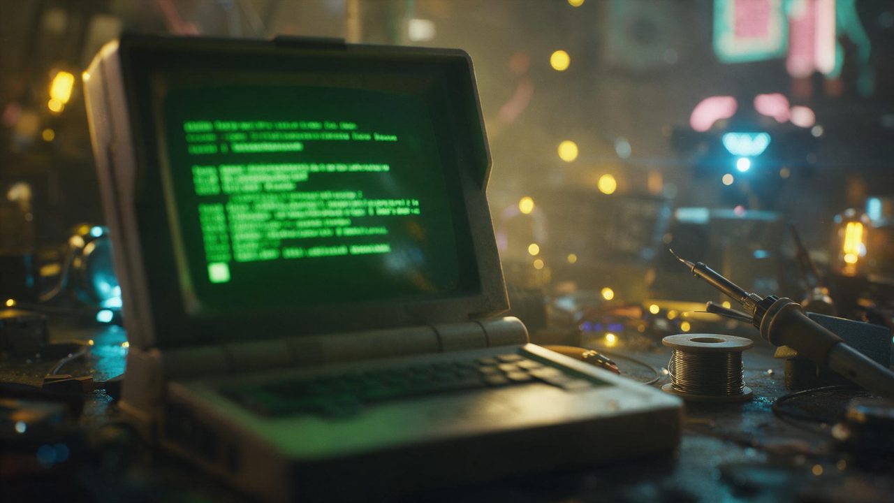 An old laptop glowing with neon-green terminal text on a cluttered workbench.