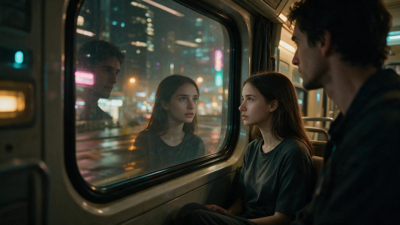 Two faces reflected in a shuttle window at night, broken apart and reassembled by passing city lights.