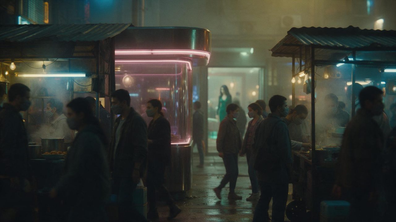A neon nightlife strip between food stalls.
