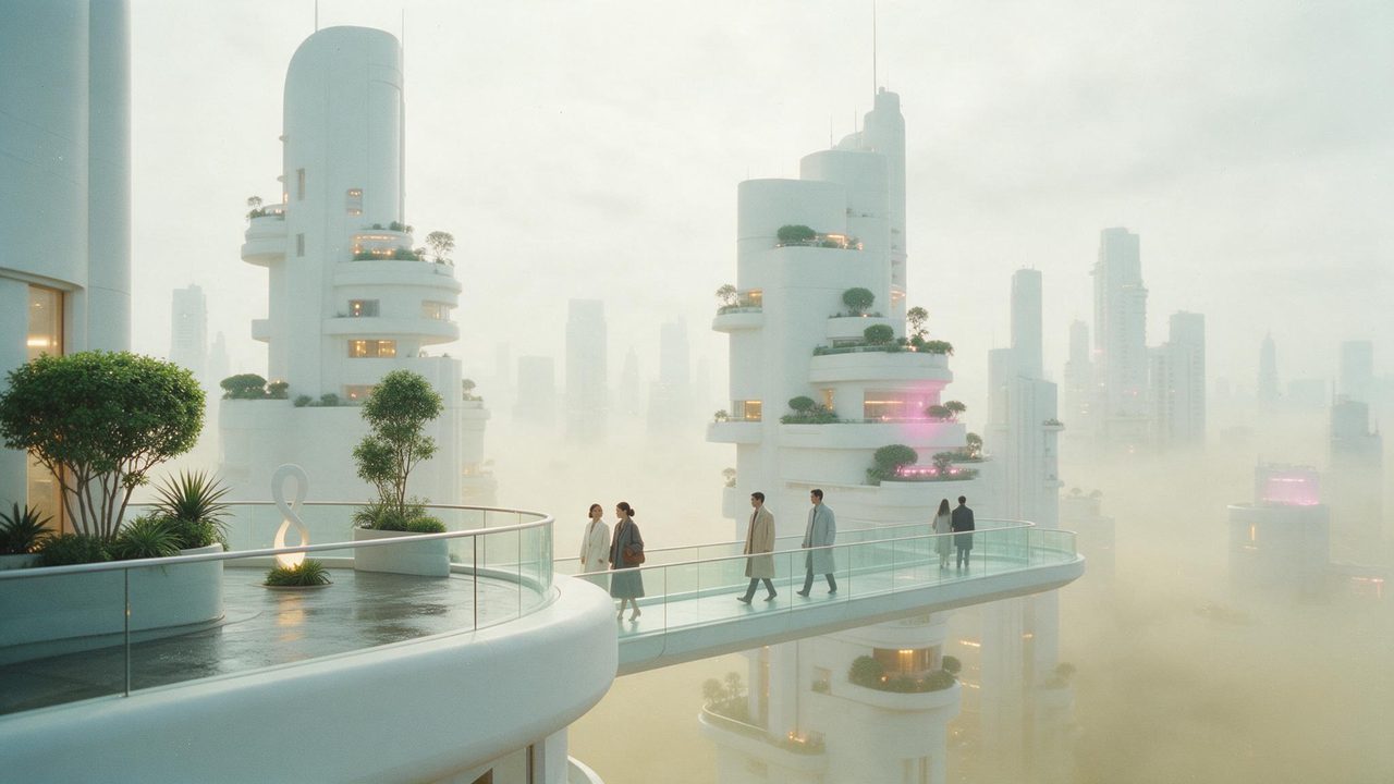 White towers above the haze.