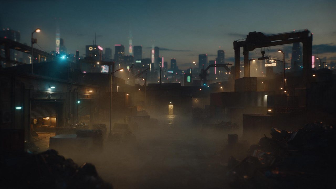 Warehouses and cranes in the haze.